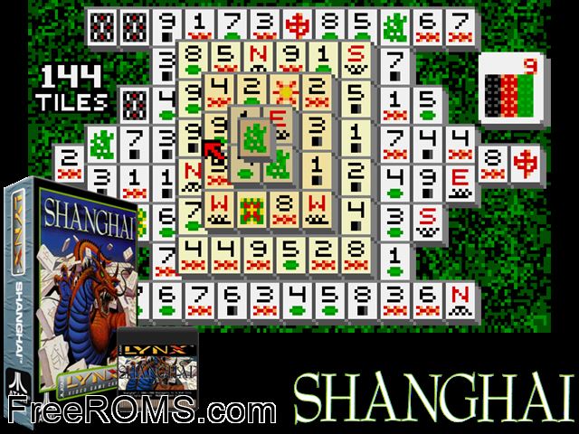 Shanghai (1990) Atari Lynx game showing 3D box cover and gameplay screenshot