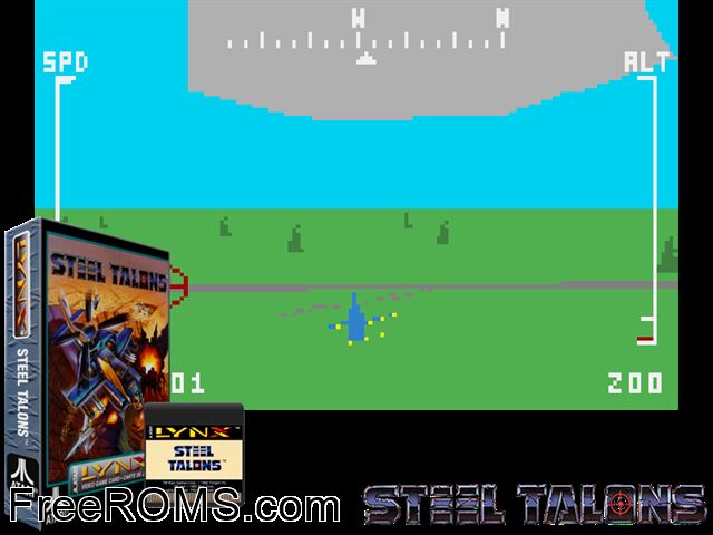 Steel Talons (1991) Atari Lynx game showing 3D box cover and gameplay screenshot