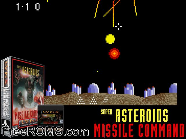 Super Asteroids and Missile Command (1995) Atari Lynx game showing 3D box cover and gameplay screenshot