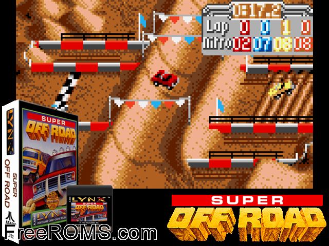 Super Off-Road (1996) (Telegames) Atari Lynx game showing 3D box cover and gameplay screenshot