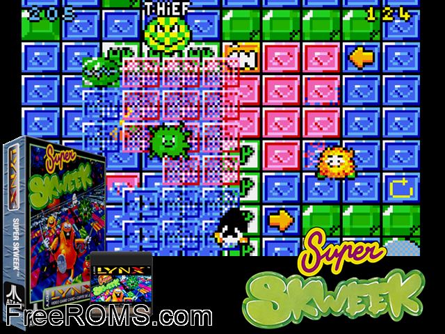 Super Skweek (1991) Atari Lynx game showing 3D box cover and gameplay screenshot