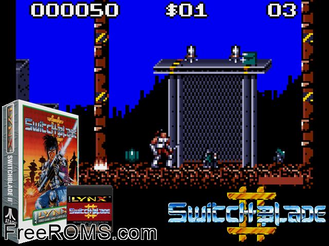 Switchblade II (1992) Atari Lynx game showing 3D box cover and gameplay screenshot
