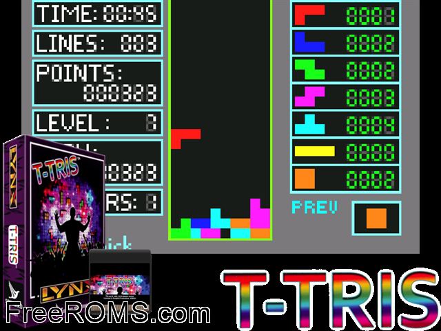 T-Tris (1996) (Bastian Schick) Atari Lynx game showing 3D box cover and gameplay screenshot