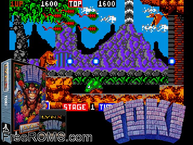 Toki (1990) Atari Lynx game showing 3D box cover and gameplay screenshot