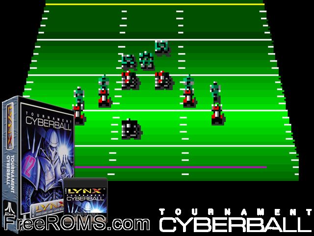 Tournament Cyberball 2072 (1991) Atari Lynx game showing 3D box cover and gameplay screenshot