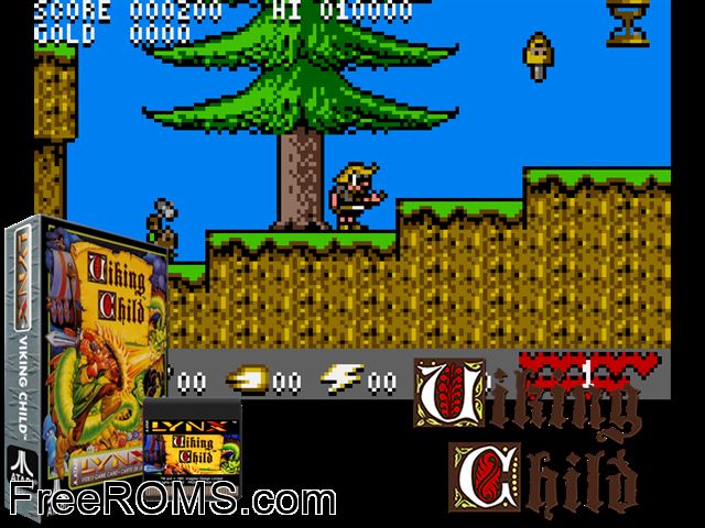 Viking Child (1991) Atari Lynx game showing 3D box cover and gameplay screenshot