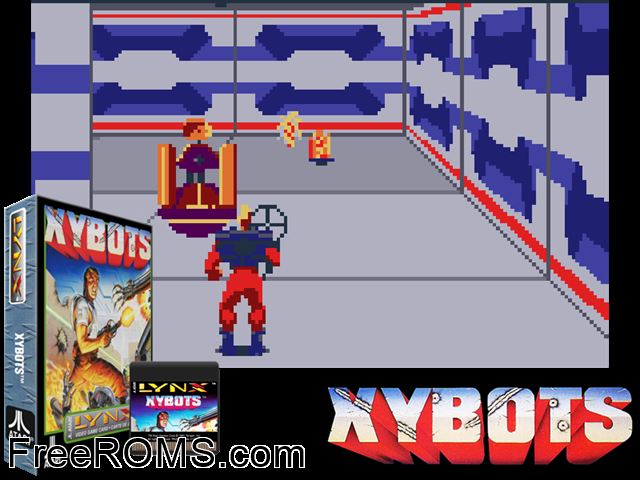 Xybots (1991) Atari Lynx game showing 3D box cover and gameplay screenshot