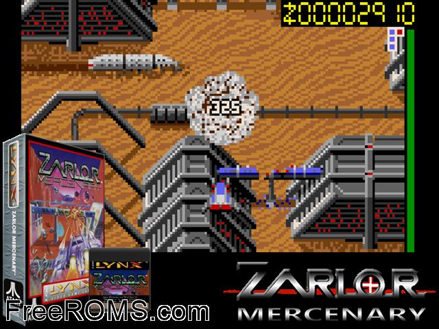 Zarlor Mercenary (1990) Atari Lynx game showing 3D box cover and gameplay screenshot