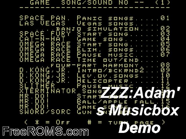 Adam's Musicbox Demo (1987) ColecoVision game showing 3D box cover and gameplay screenshot