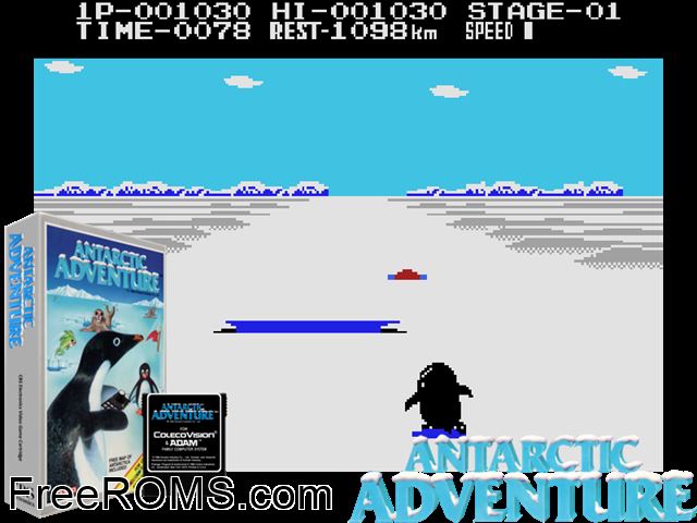 Antarctic Adventure (1984) (alt) ColecoVision game showing 3D box cover and gameplay screenshot