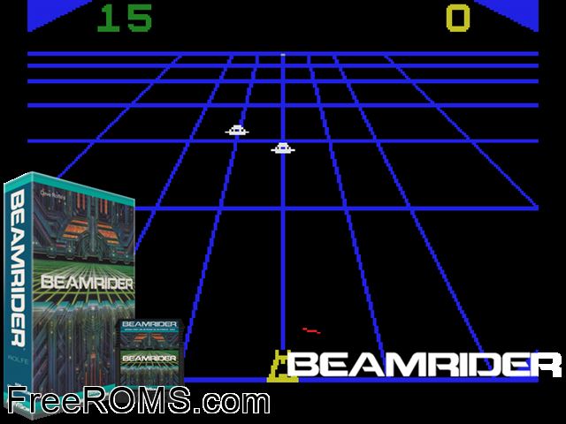 Beamrider (1983) ColecoVision game showing 3D box cover and gameplay screenshot