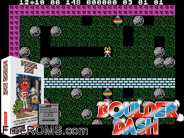 Boulder Dash (1984) ColecoVision game showing 3D box cover and gameplay screenshot