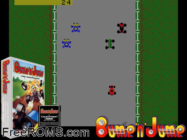 Bump 'N' Jump (1982-84) (bad dump) (Mattel) ColecoVision game showing 3D box cover and gameplay screenshot