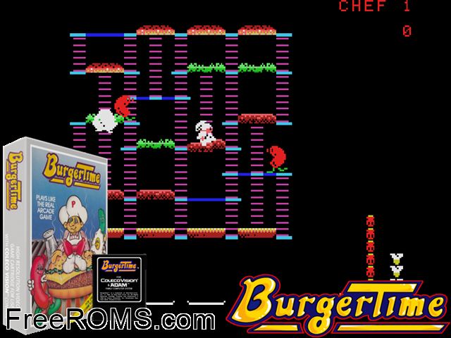 BurgerTime (1982-83) (Mattel) ColecoVision game showing 3D box cover and gameplay screenshot