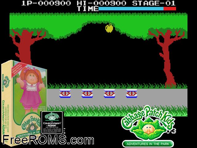 Cabbage Patch Kids - Adventures in the Park (1983-84) (alt) ColecoVision game showing 3D box cover and gameplay screenshot