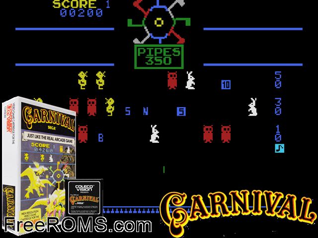 Carnival (1982) ColecoVision game showing 3D box cover and gameplay screenshot