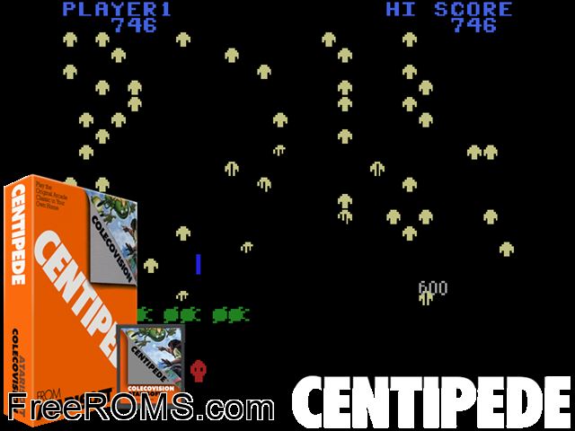 Centipede (1983) ColecoVision game showing 3D box cover and gameplay screenshot