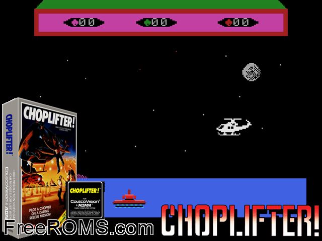 Choplifter (1982-84) (alt) ColecoVision game showing 3D box cover and gameplay screenshot