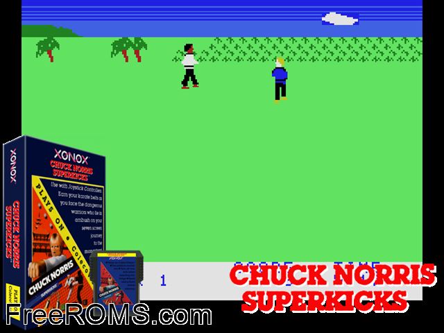 Chuck Norris - Super Kicks (1983) ColecoVision game showing 3D box cover and gameplay screenshot
