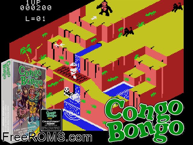 Congo Bongo (1984) ColecoVision game showing 3D box cover and gameplay screenshot