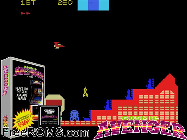 Cosmic Avenger (1982) (alt) ColecoVision game showing 3D box cover and gameplay screenshot