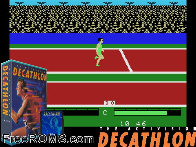 Decathlon (1983) (bad dump) ColecoVision game showing 3D box cover and gameplay screenshot