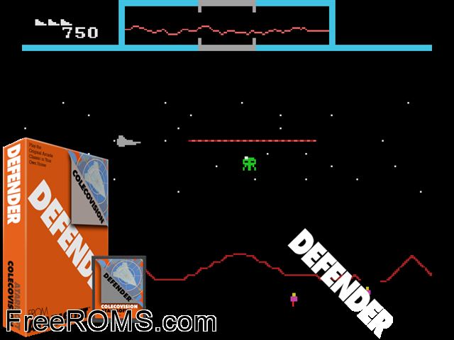 Defender (1980-83) ColecoVision game showing 3D box cover and gameplay screenshot