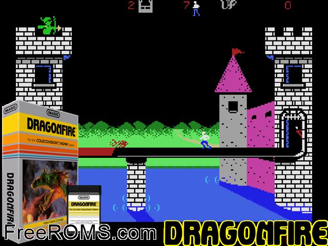 DragonFire (1984) ColecoVision game showing 3D box cover and gameplay screenshot
