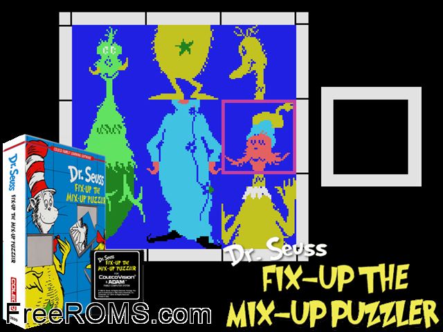 Dr Seuss's Fix-Up The Mix-Up Puzzler (1984) ColecoVision game showing 3D box cover and gameplay screenshot