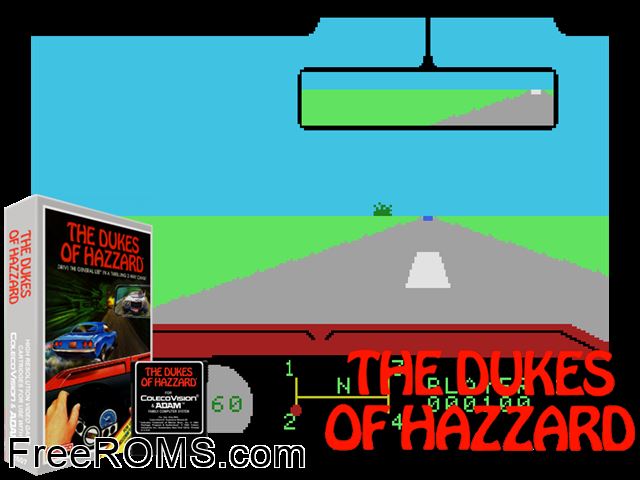 Dukes of Hazzard, The (1984) ColecoVision game showing 3D box cover and gameplay screenshot