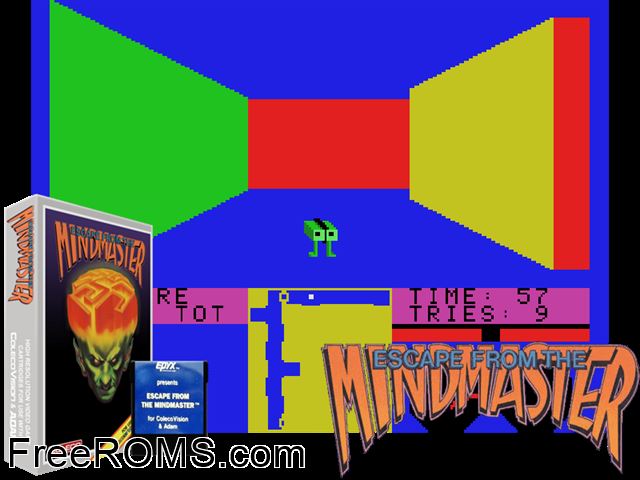 Escape From The Mind Master (1983) (Proto) ColecoVision game showing 3D box cover and gameplay screenshot