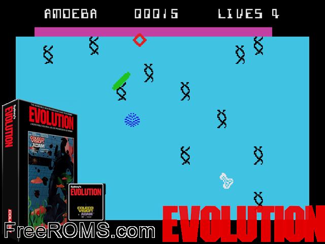 Evolution (1983) ColecoVision game showing 3D box cover and gameplay screenshot