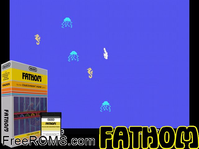 Fathom (1983) ColecoVision game showing 3D box cover and gameplay screenshot