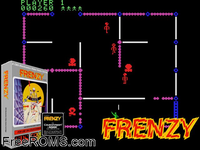 Frenzy! (1982-83) ColecoVision game showing 3D box cover and gameplay screenshot