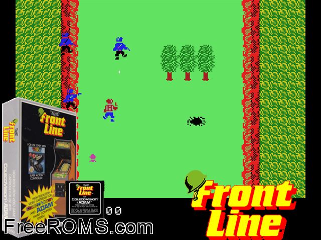 Frontline (1983) ColecoVision game showing 3D box cover and gameplay screenshot