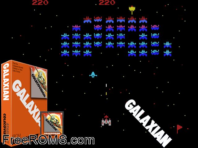 Galaxian (1983) ColecoVision game showing 3D box cover and gameplay screenshot