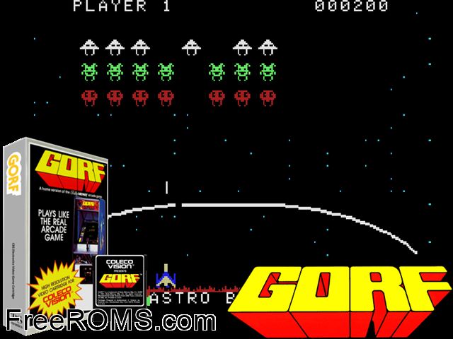Gorf (1981-83) (bad dump) ColecoVision game showing 3D box cover and gameplay screenshot