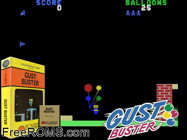 Gust Buster (1983) ColecoVision game showing 3D box cover and gameplay screenshot