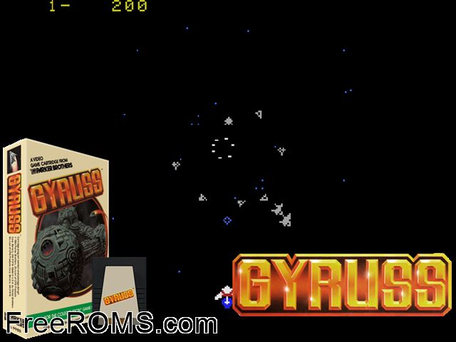Gyruss (1984) ColecoVision game showing 3D box cover and gameplay screenshot
