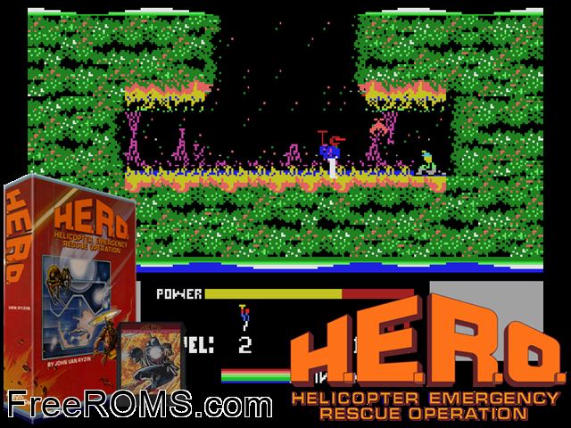H-E-R-O (1984) ColecoVision game showing 3D box cover and gameplay screenshot