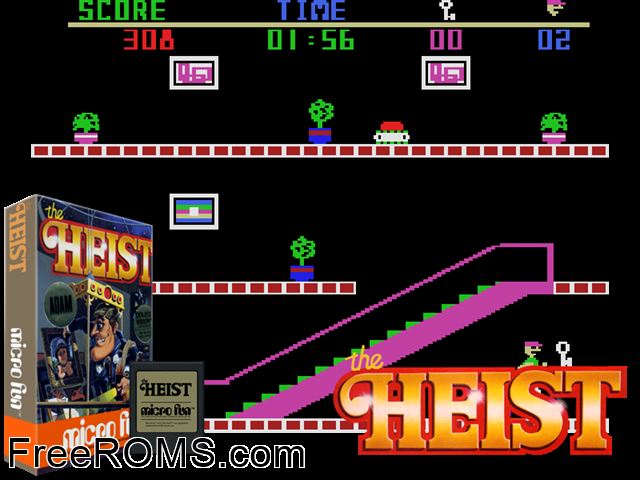 Heist, The (1983) ColecoVision game showing 3D box cover and gameplay screenshot