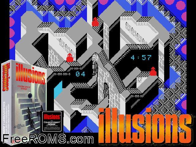 Illusions (1984) ColecoVision game showing 3D box cover and gameplay screenshot