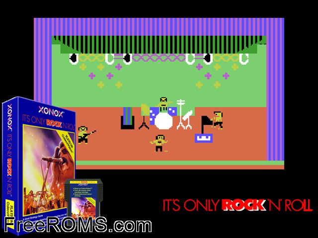 Its Only Rock 'N' Roll (1984) ColecoVision game showing 3D box cover and gameplay screenshot