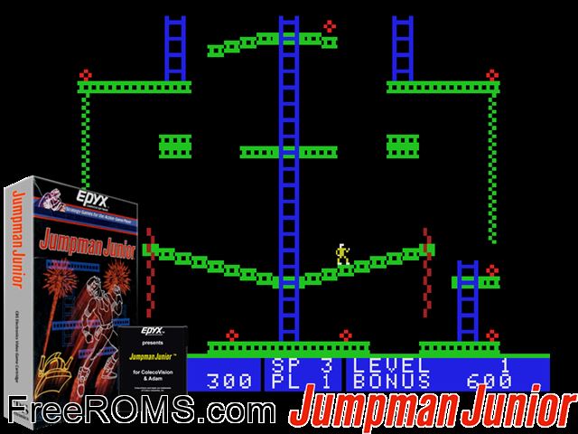 Jumpman Junior (1984) (alt) ColecoVision game showing 3D box cover and gameplay screenshot