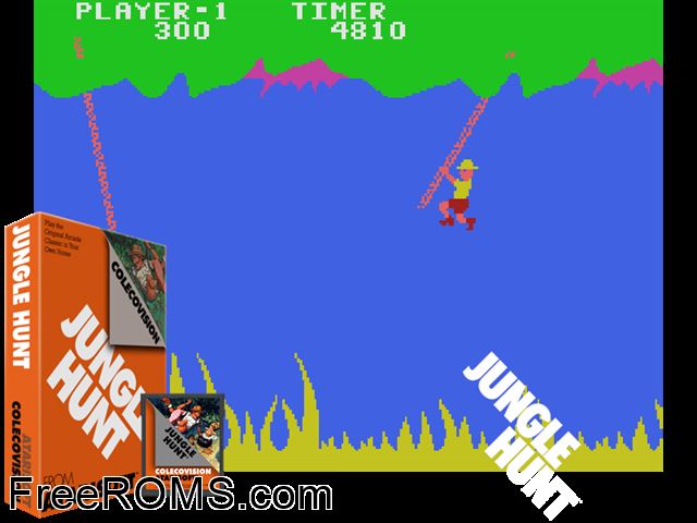 Jungle Hunt (1982-83) ColecoVision game showing 3D box cover and gameplay screenshot