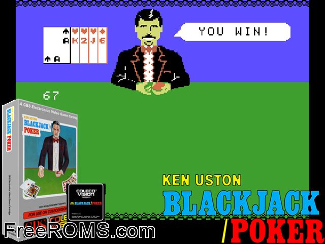 Ken Uston Blackjack-Poker (1983) (bad dump) ColecoVision game showing 3D box cover and gameplay screenshot