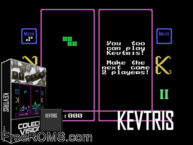 Kevtris (1996) (PD) ColecoVision game showing 3D box cover and gameplay screenshot