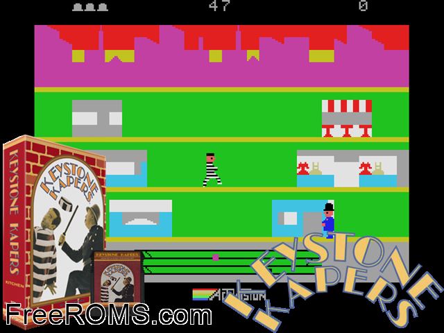 Keystone Kapers (1983-84) ColecoVision game showing 3D box cover and gameplay screenshot