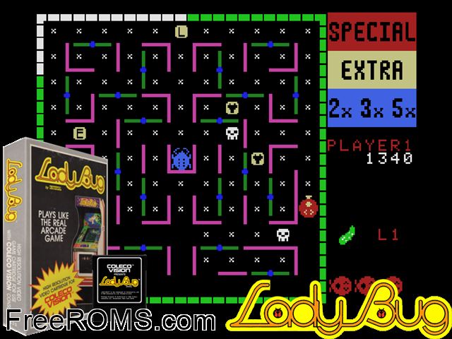 Lady Bug (1982) ColecoVision game showing 3D box cover and gameplay screenshot