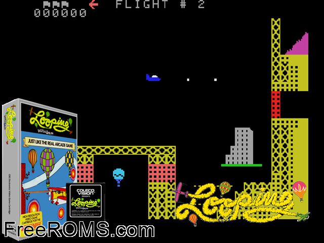 Looping (1983) (bad dump) ColecoVision game showing 3D box cover and gameplay screenshot